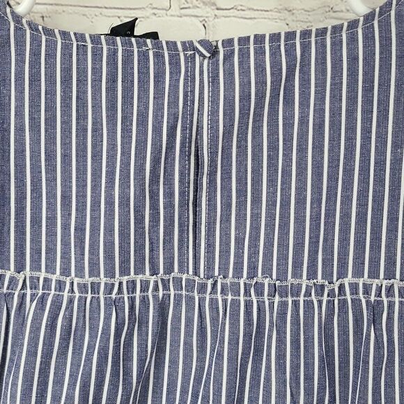 Mittoshop Chambray Blue Stripe Tiered Keyhole Blouse Summer Casual Top Nautical - Picture 8 of 8